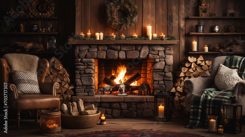 Cozy living room with fireplace  winter interior