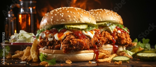 fresh crispy fried chicken burger sandwich with flying ingredients