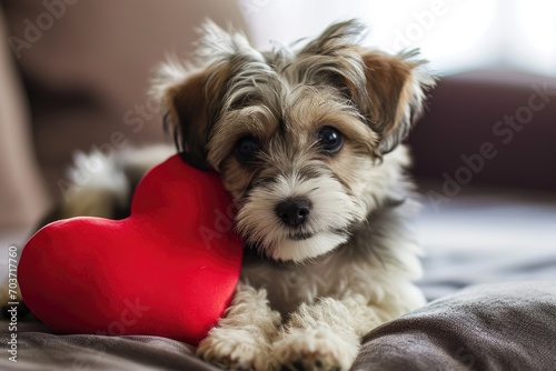 Puppy with plush sof red heart Lover Valentine puppy dog with a red heart © PinkiePie