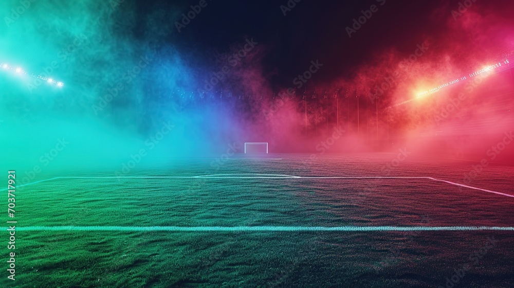 Fototapeta premium textured soccer game field with neon fog - center, midfield