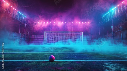 textured soccer game field with neon fog - center, midfield photo