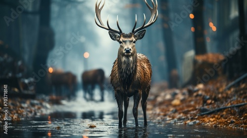 Deer standing on the road near the forest on a misty photo