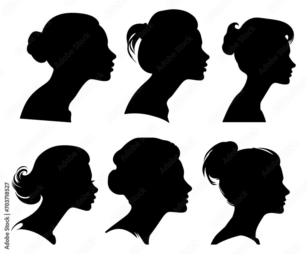 set of silhouette of woman head with short tied hair in a side view.isolated in a white background.