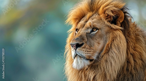 A majestic lion gracefully poses against a serene and expansive copy space background © antusher
