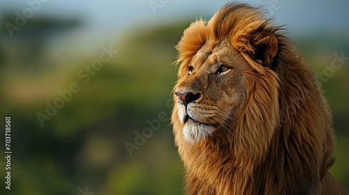 A majestic lion gracefully poses against a serene and expansive copy space background