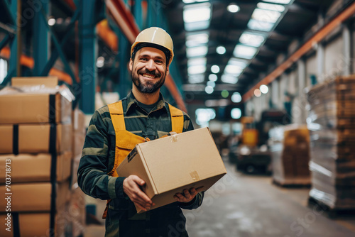 Smiling warehouse worker in hard hat holding cardboard box in warehouse photo