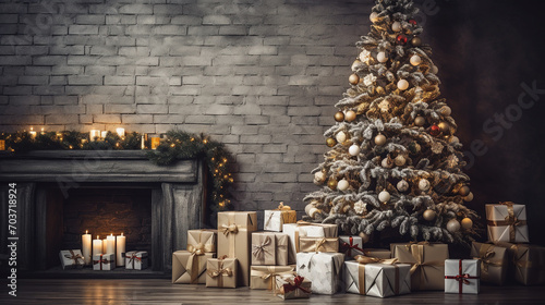 Cozy winter living room with Christmas tree and fireplace. Christmas and New Year concept
