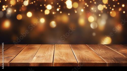 Christmas table blurred lights background wood desk