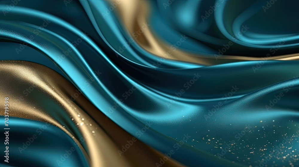 Obraz premium A close up of a blue and gold silk with a gold border. Suitable for luxury fabric backgrounds, fashion design elements, elegant textures, or opulent interior design concepts.