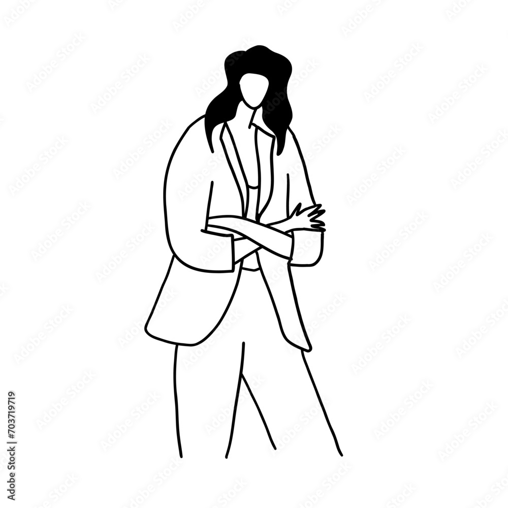 Stylish, minimalistic and modern fashion lady. Vector illustration in hand drawn outline doodle simple contour style isolated on white background. For poster, presentation, web site. Stylish, minimalistic and modern fashion lady. Vector illustration in hand drawn outline doodle simple contour style isolated on white background. For poster, presentation, web site.