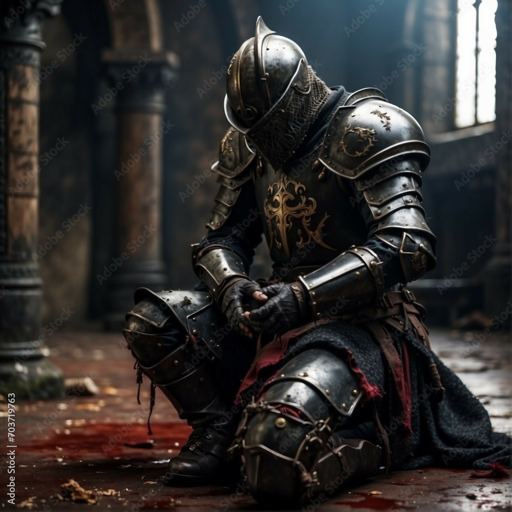 Knight's Vigil: Kneeling in Prayer, A Battle-Weary Warrior Seeks Divine Guidance and Solace After the Battlefield.