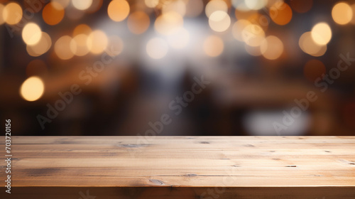 empty light wood table top with blurred in coffee shop