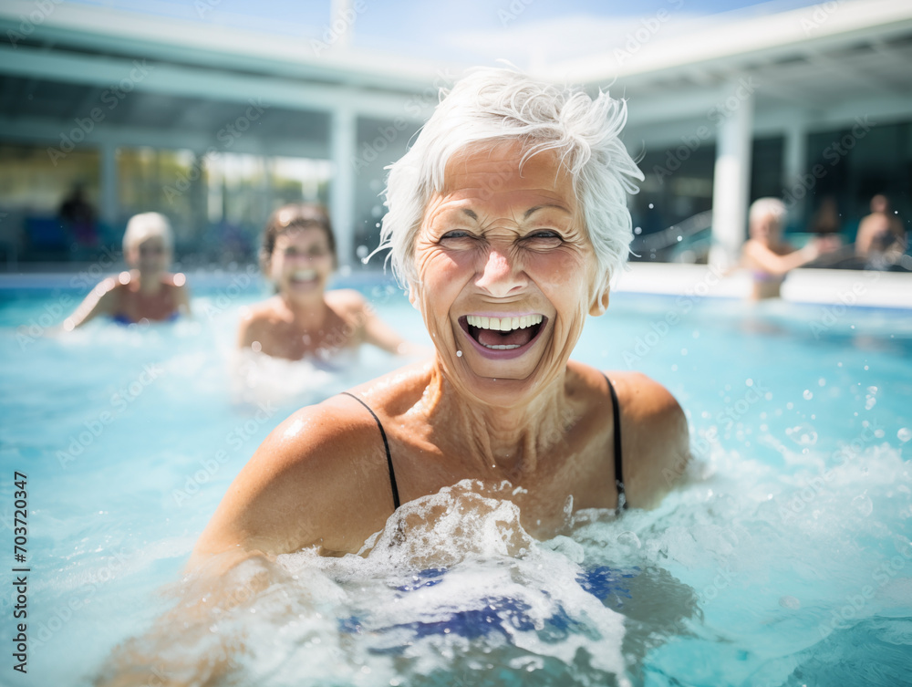Active senior women enjoying aqua fit class in a pool. The concept of active life in old age