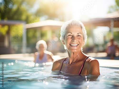 Active senior women enjoying aqua fit class in a pool. The concept of active life in old age © Artem81