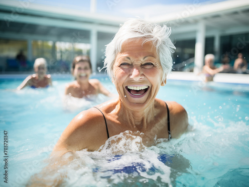 Active senior women enjoying aqua fit class in a pool. The concept of active life in old age