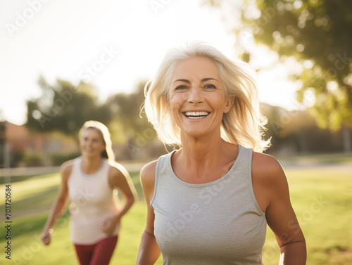 Active middle-aged women enjoying jogging. The concept of active life