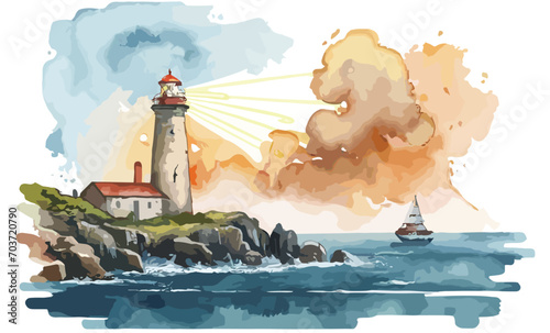 watercolor Seascape with rocks and an old lighthouse on the background of the sea with copy space, illustration