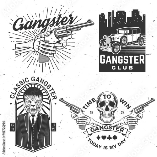 Set of gangster club badge design. Vector illustration. Vintage monochrome label, sticker, patch with american retro car, gangster with submachine gun and tiger gangster silhouettes.