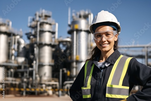 Smiling female engineer wearing hard hat and safety glasses at an industrial facility photo