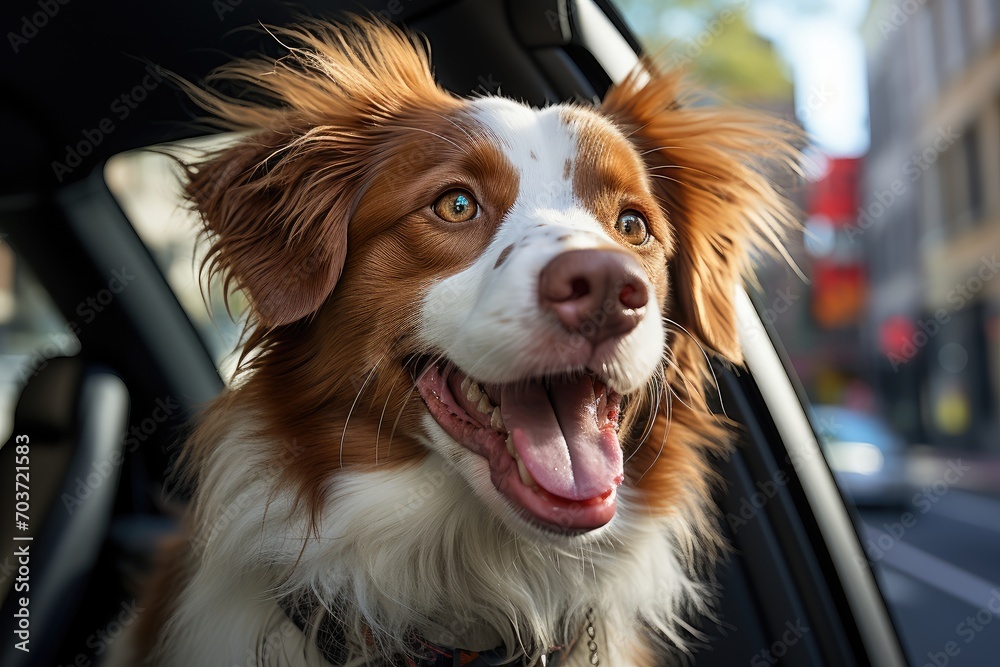 Cute dog sit in the car on the front seat. Dog enjoying from traveling by car. Dog looking through window on road. Closeup