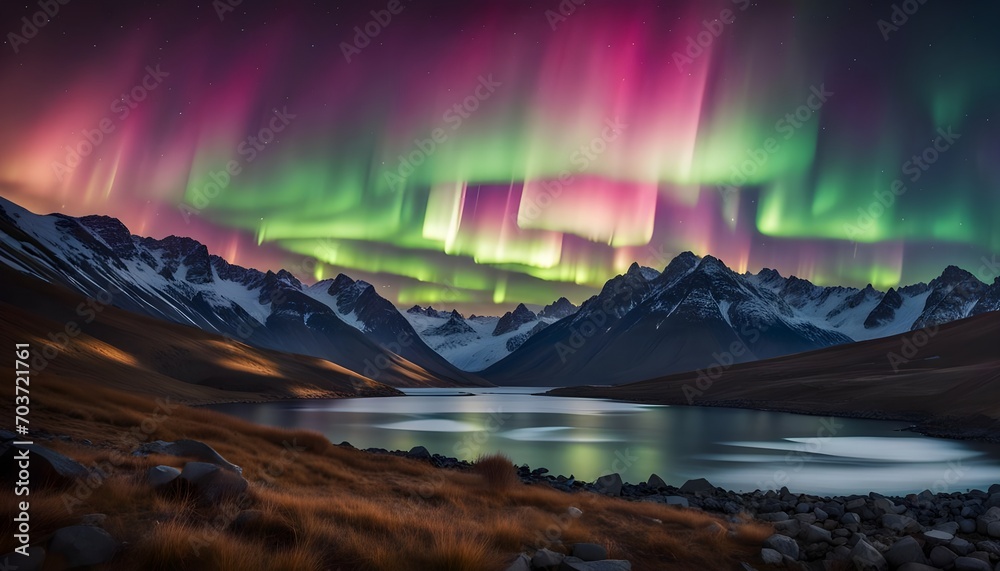 Naklejka premium polar night in the mountains near the river