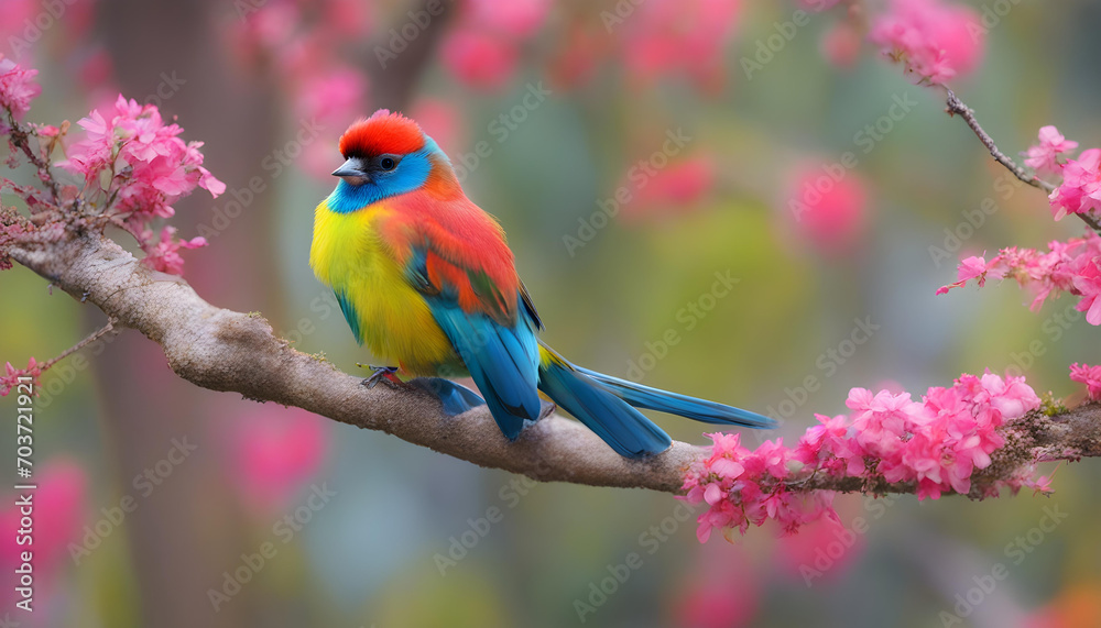 Colorfull bird on the pink flower tree brunch