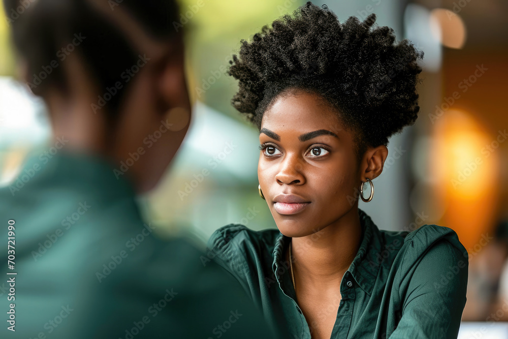 A young African American woman with a natural afro hairstyle, wearing a green shirt, engaging in a conversation outdoors. A young African American woman with a natural afro hairstyle, wearing a green shirt, engaging in a conversation outdoors.