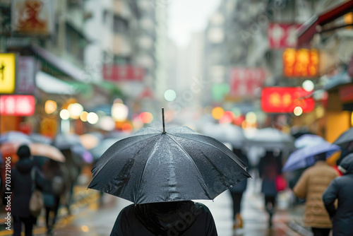 A person holding an umbrella walking in a bustling city street on a rainy day  with other pedestrians around.