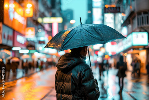 A solitary figure with an umbrella walks on a rainy city street at night, surrounded by neon light reflections.