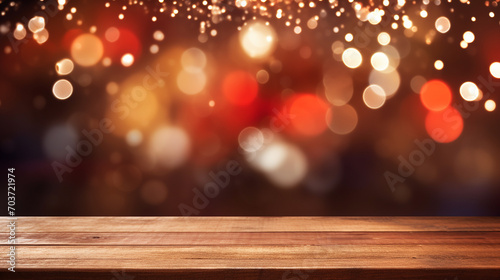 empty wooden table over blur defocused Christmas background