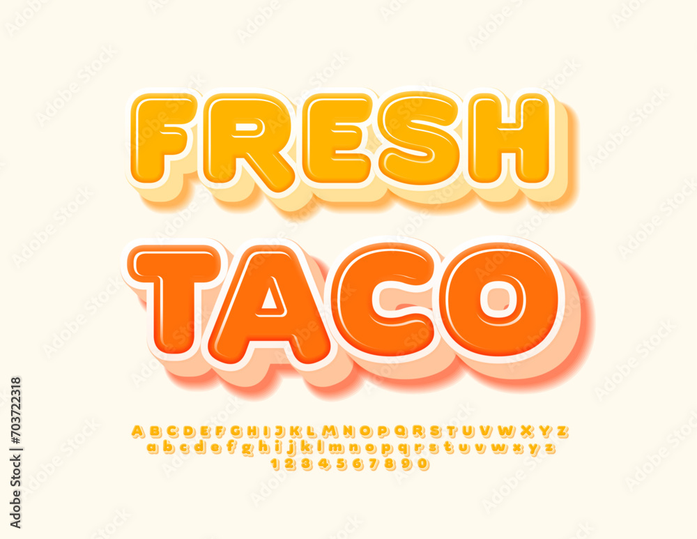 Vector creative poster Fresh Taco. Cute Yellow 3D Font. Modern set of Alphabet Letters, Numbers and Symbols. Vector creative poster Fresh Taco. Cute Yellow 3D Font. Modern set of Alphabet Letters, Numbers and Symbols.