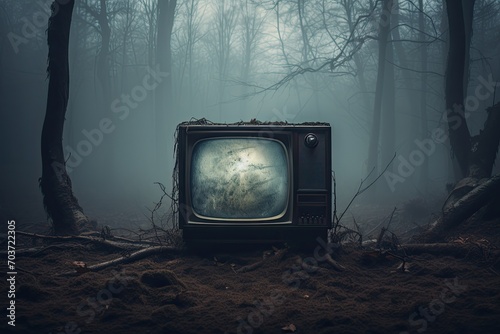 an old television with a scary shadow on the screen. Halloween horror concept