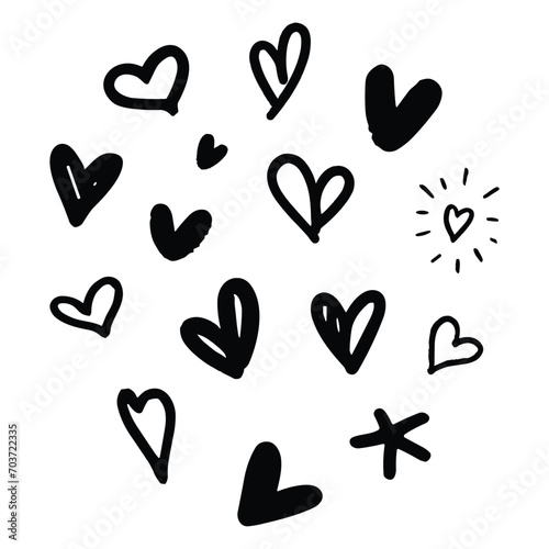 set of hearts, a collection of graphic scribble hearts for Valentine's day, Set of heart doodles. Hand drawn vector. Black hearts on white background.