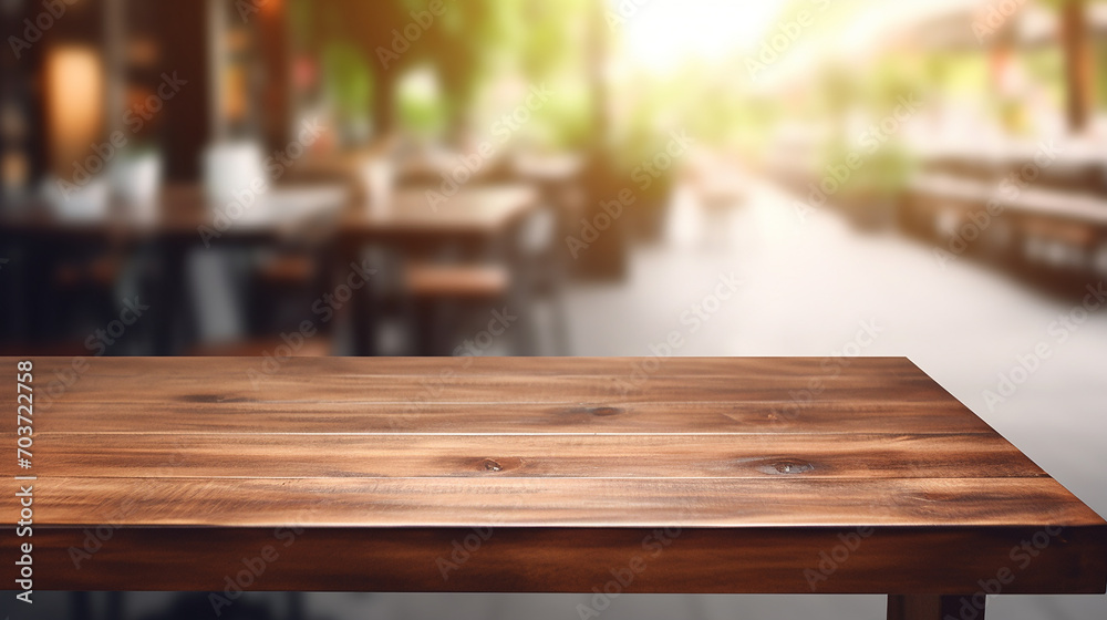 wooden board empty table in front of blurred background in cafe