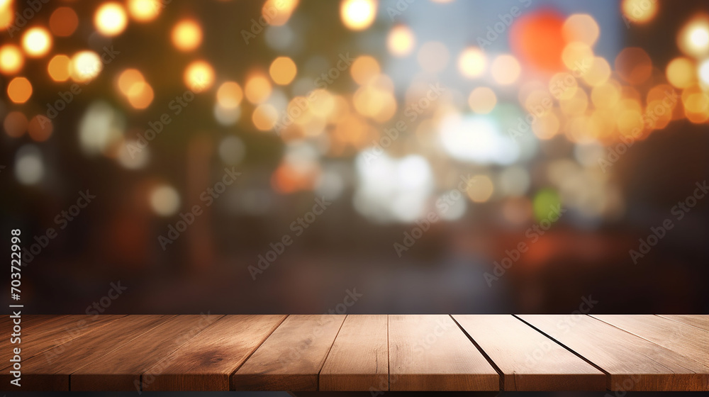 wooden top table with bokeh light effect and blurred background