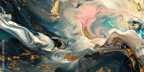 Abstract composition featuring swirling paint in shades of gold, and silver blue, expertly crafted in the style of dark black and dark beige.