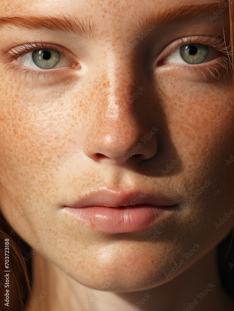 Fototapeta premium Portrait of a beautiful young woman with blue eyes, ginger hair, freckles, skin details. Natural beauty close-up of a cute model