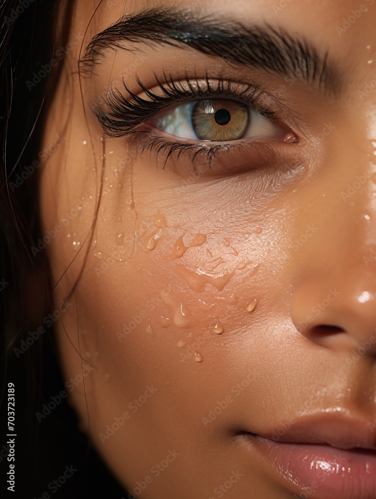 Close-up of a beautiful brunette woman face with brown eyes, skin details, water drops. Advertising of cosmetics, perfumes
