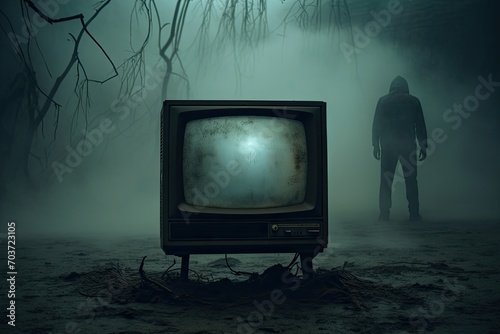 an old television with a scary shadow on the screen. Halloween horror concept