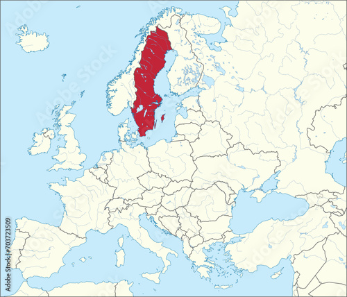 Red CMYK national map of SWEDEN inside detailed beige blank political map of European continent with rivers and lakes on blue background using Mercator projection photo