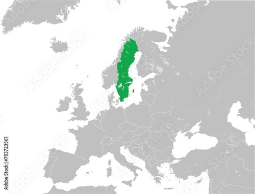 Green CMYK national map of SWEDEN inside detailed gray blank political map of European continent with lakes on transparent background using Mercator projection
