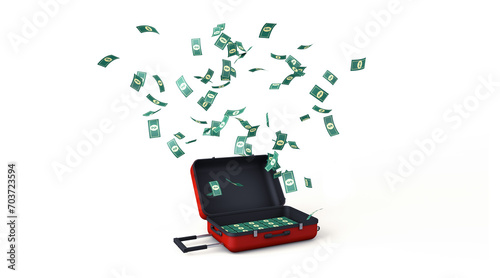 3D Rendering, Realistic banknotes flying out the red suitcase mock up, isolated white color background.