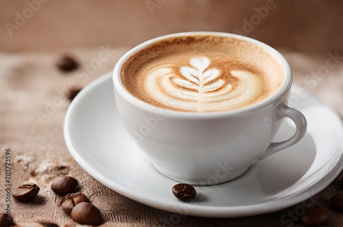 Cappuccino Elegance: Cup of Rich Brew on Gray and Brown Background with Ample Copy Space. 
