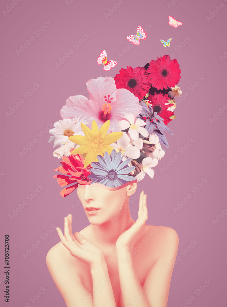 Abstract contemporary art design or portrait of young woman with flowers on face hides her eyes