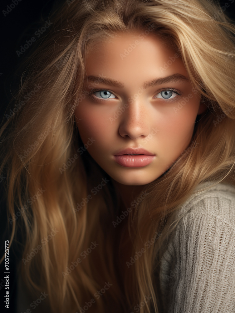 Beautiful young woman with blond hair and blue eyes. Natural beauty close-up of a top model with glowing healthy skin Beautiful young woman with blond hair and blue eyes. Natural beauty close-up of a top model with glowing healthy skin