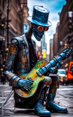 the robotic man playing instrument