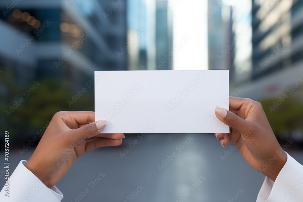 Holding up a empty white business card by female hands Holding up a empty white business card by female hands