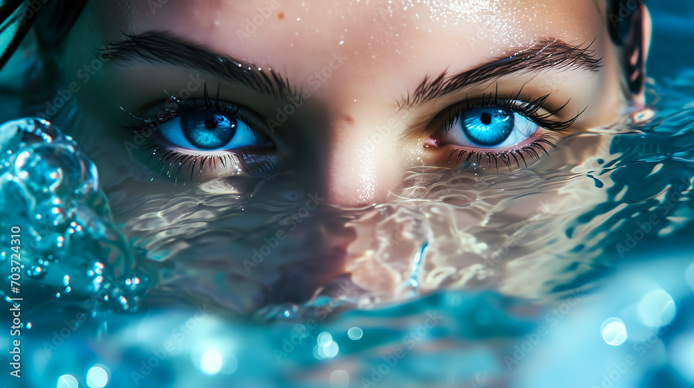 submerged female eyes in blue water with serene clarity