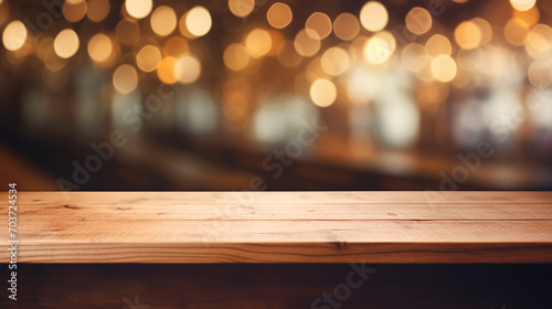 empty wood table top and blurred bokeh cafe and coffee shop with blurred light background