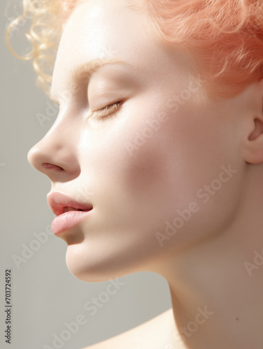Portrait of beautiful young albino woman. Natural beauty close-up of a top model. Advertising of cosmetics, perfumes